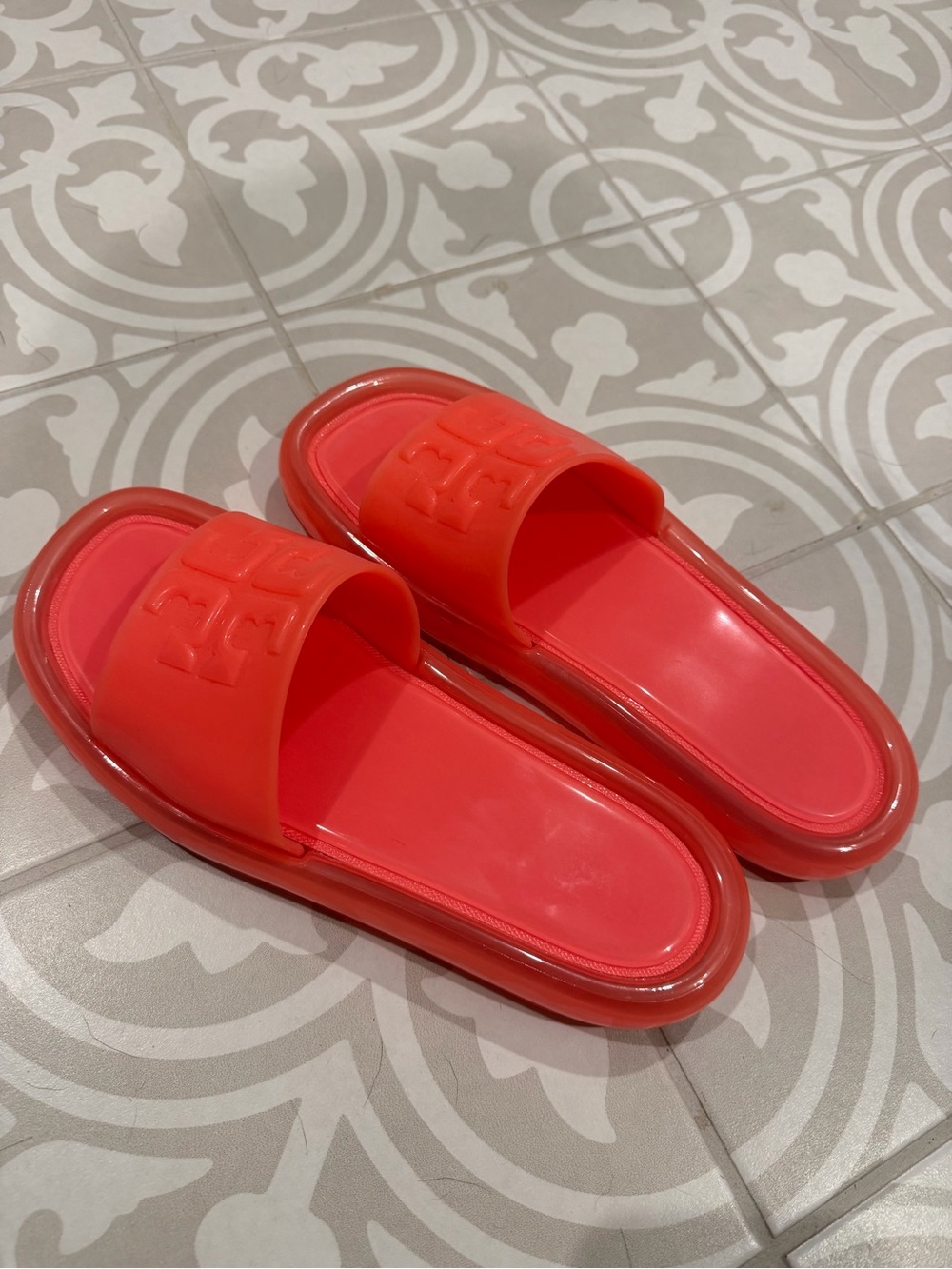 Red Coral Slide Sandals with Embossed Logo